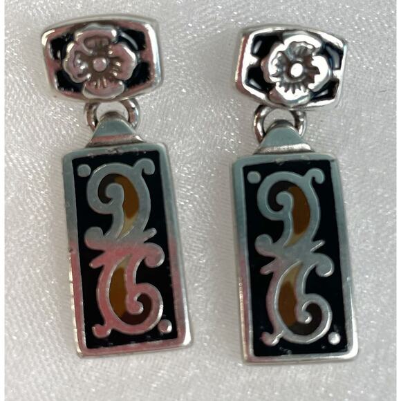 Brighton Jewelry - Brighton Fontina Earrings Silver Black Brown Enamel Retired Flower Scroll